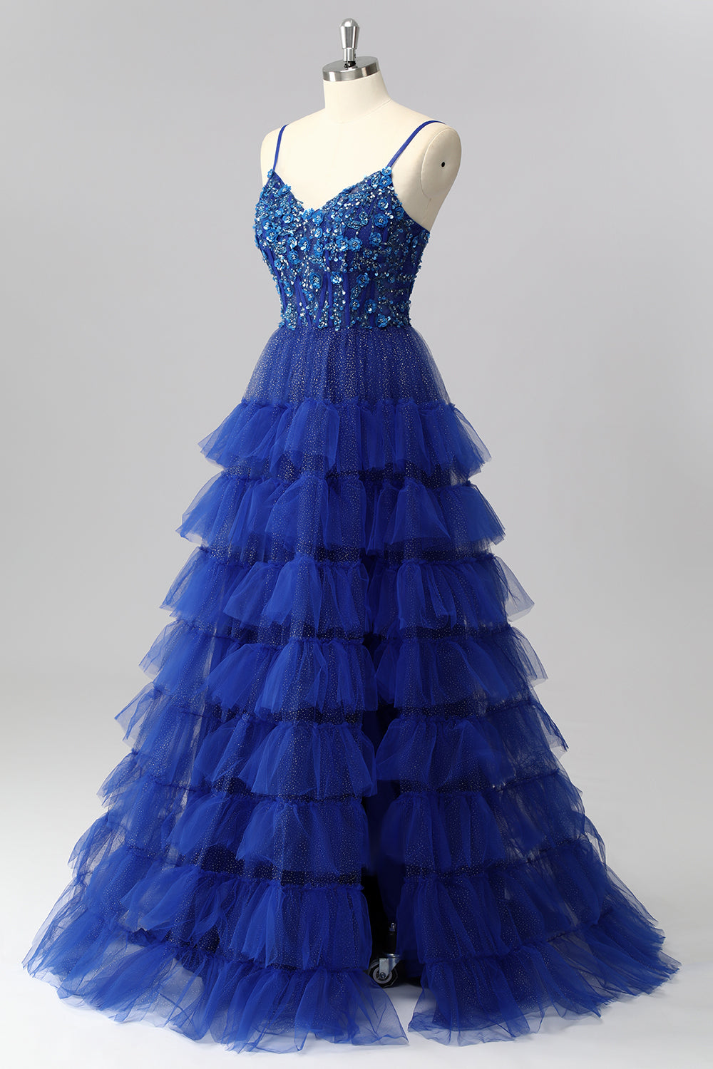 Corset bleu royal scintillant Une robe de bal longue à plusieurs niveaux avec appliques