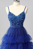 Corset bleu royal scintillant Une robe de bal longue à plusieurs niveaux avec appliques
