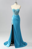 Robe De Soirée sans bretelles corset bleu sirène en satin avec appliques