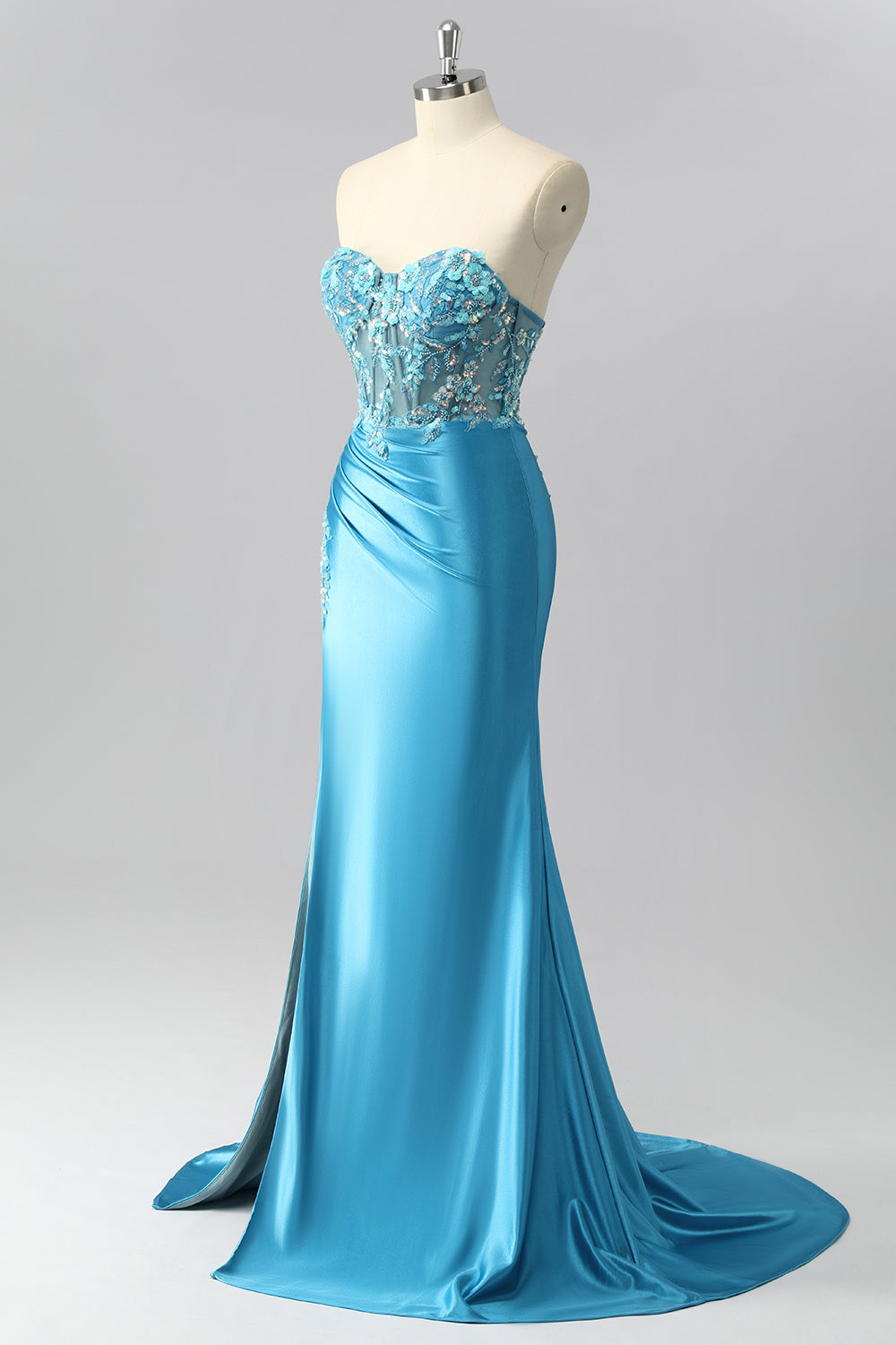Robe De Soirée sans bretelles corset bleu sirène en satin avec appliques