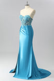 Robe De Soirée sans bretelles corset bleu sirène en satin avec appliques