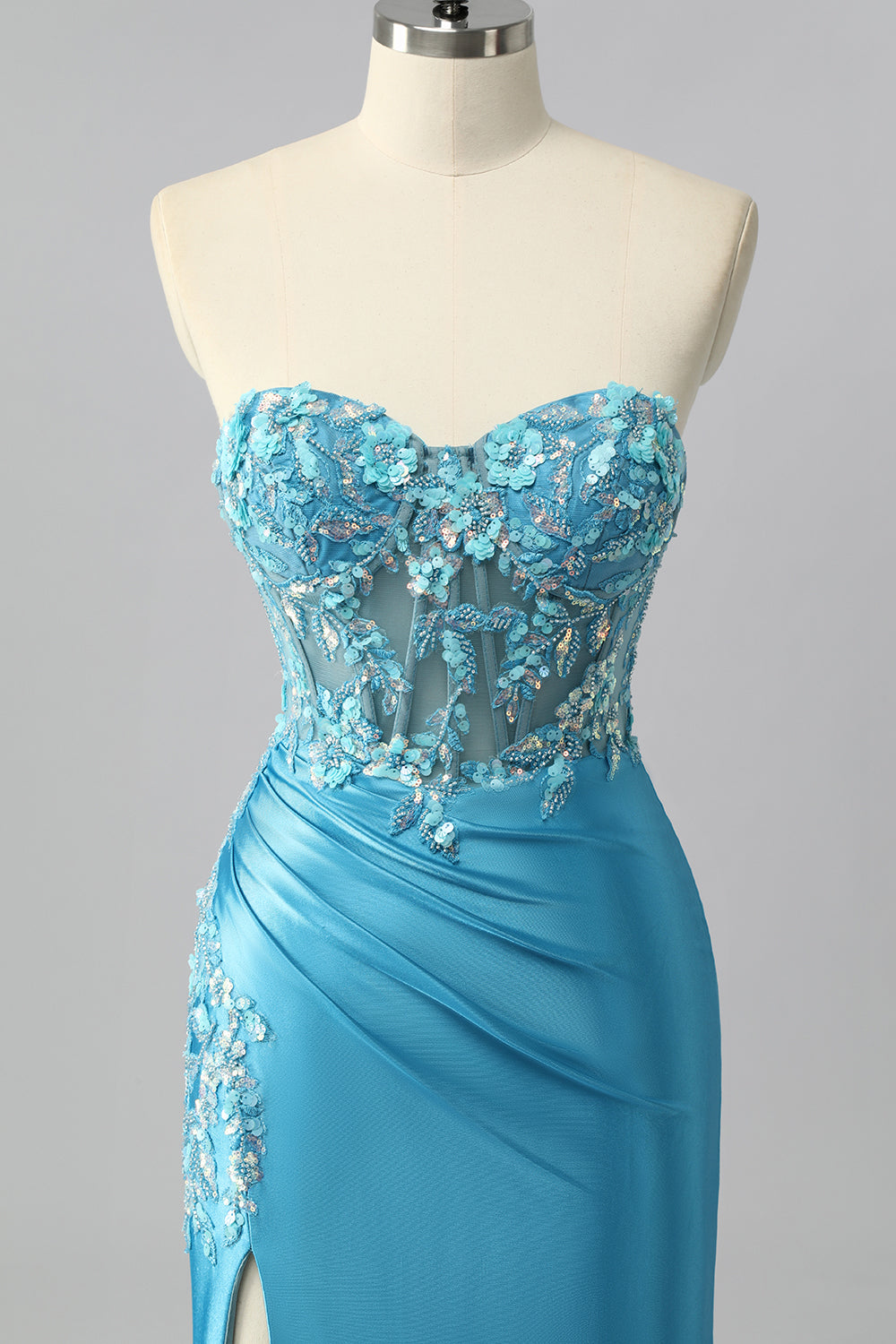 Robe De Soirée sans bretelles corset bleu sirène en satin avec appliques