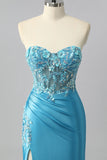 Robe De Soirée sans bretelles corset bleu sirène en satin avec appliques