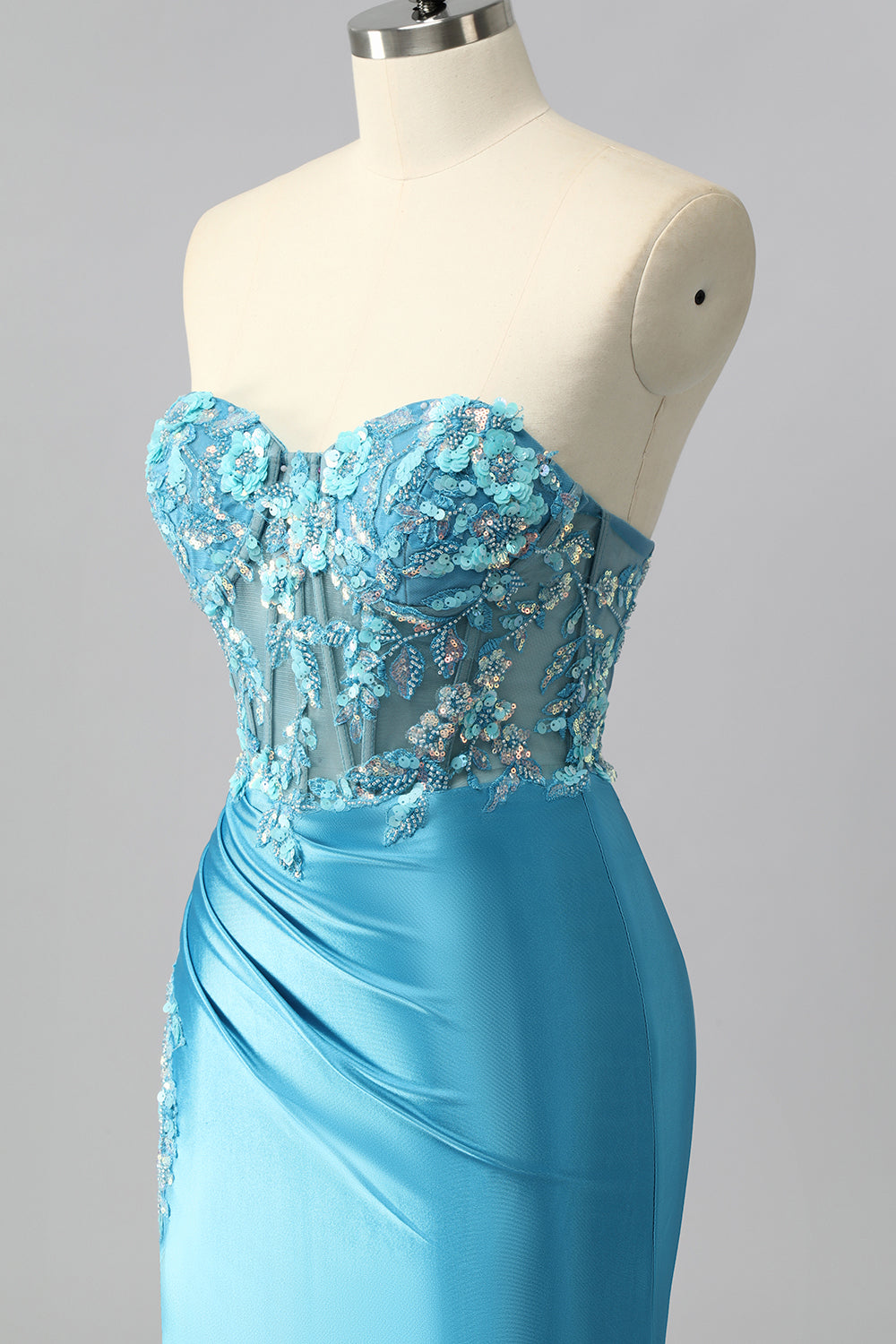 Robe De Soirée sans bretelles corset bleu sirène en satin avec appliques