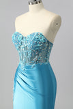 Robe De Soirée sans bretelles corset bleu sirène en satin avec appliques