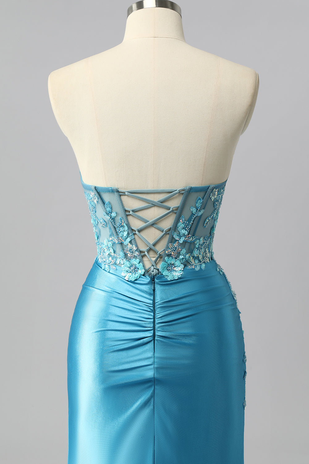Robe De Soirée sans bretelles corset bleu sirène en satin avec appliques