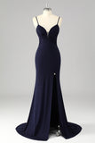 Robe De Soirée longue sirène à bretelles spaghetti bleu marine scintillante avec fente