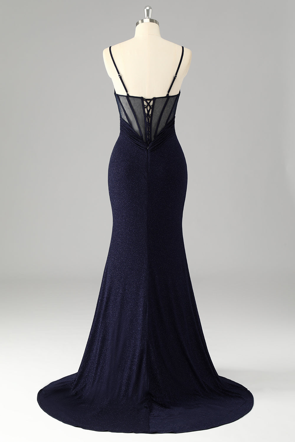Robe De Soirée longue sirène à bretelles spaghetti bleu marine scintillante avec fente