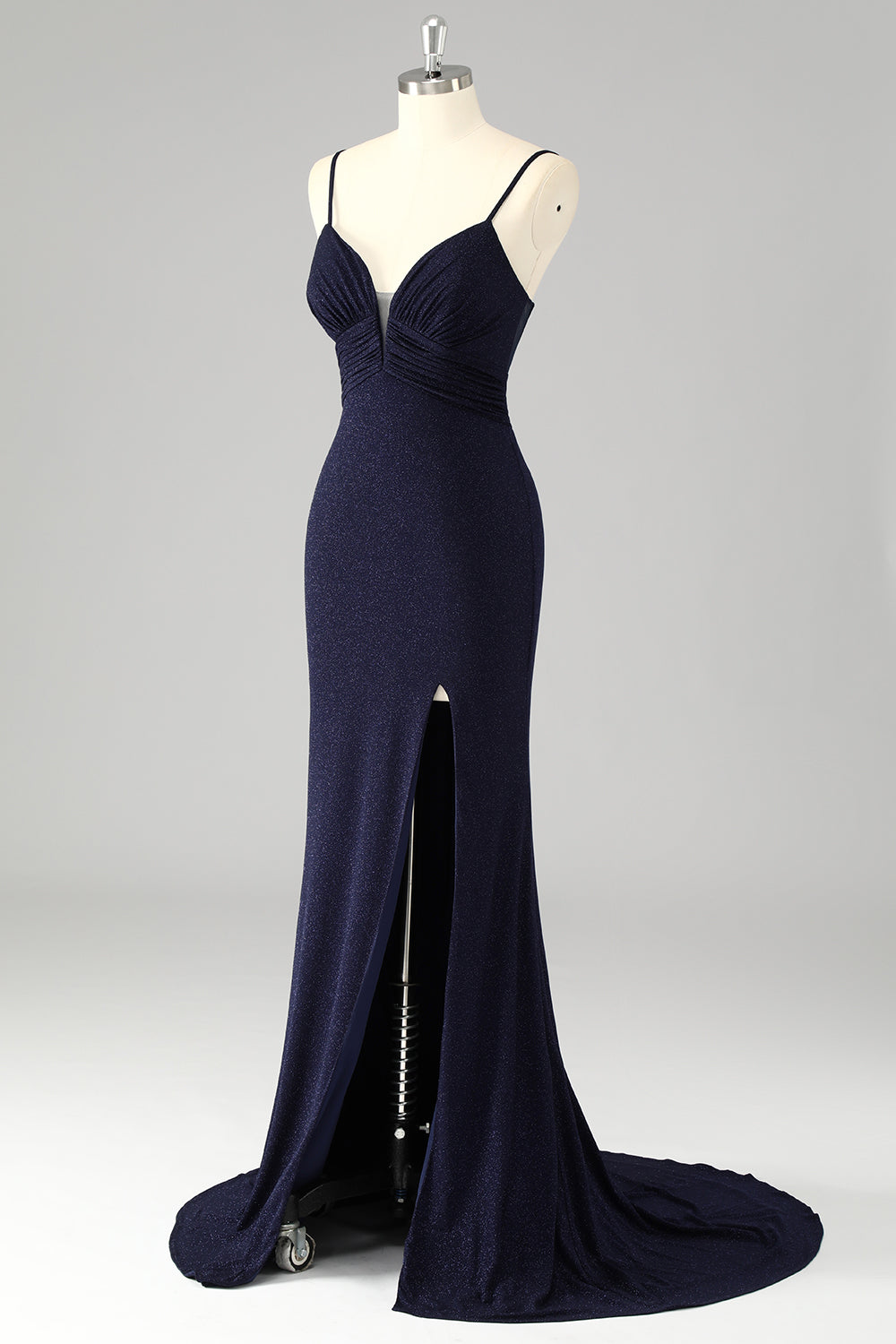 Robe De Soirée longue sirène à bretelles spaghetti bleu marine scintillante avec fente