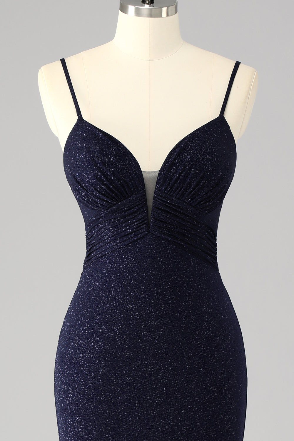 Robe De Soirée longue sirène à bretelles spaghetti bleu marine scintillante avec fente