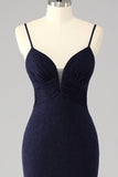Robe De Soirée longue sirène à bretelles spaghetti bleu marine scintillante avec fente