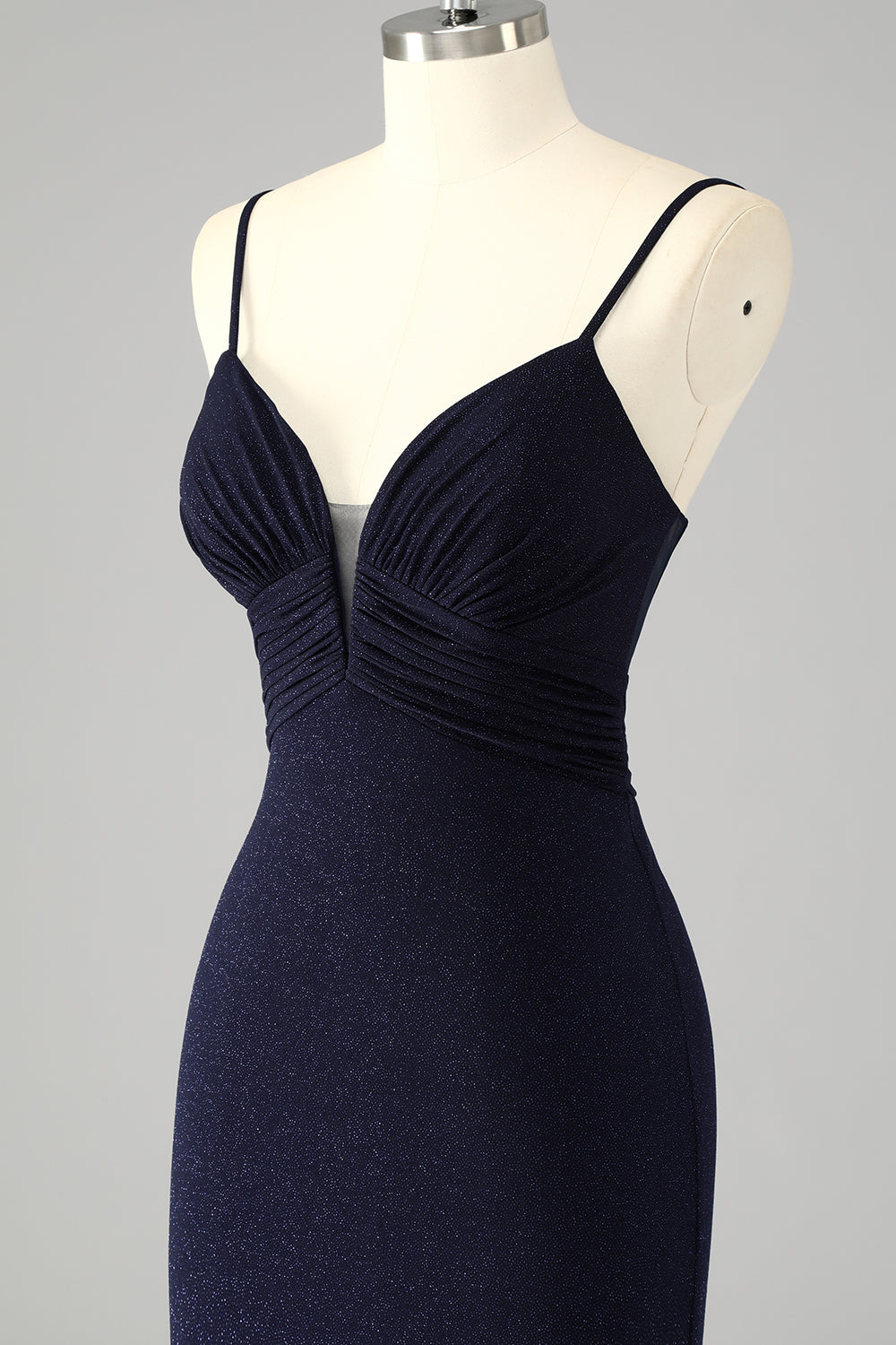 Robe De Soirée longue sirène à bretelles spaghetti bleu marine scintillante avec fente