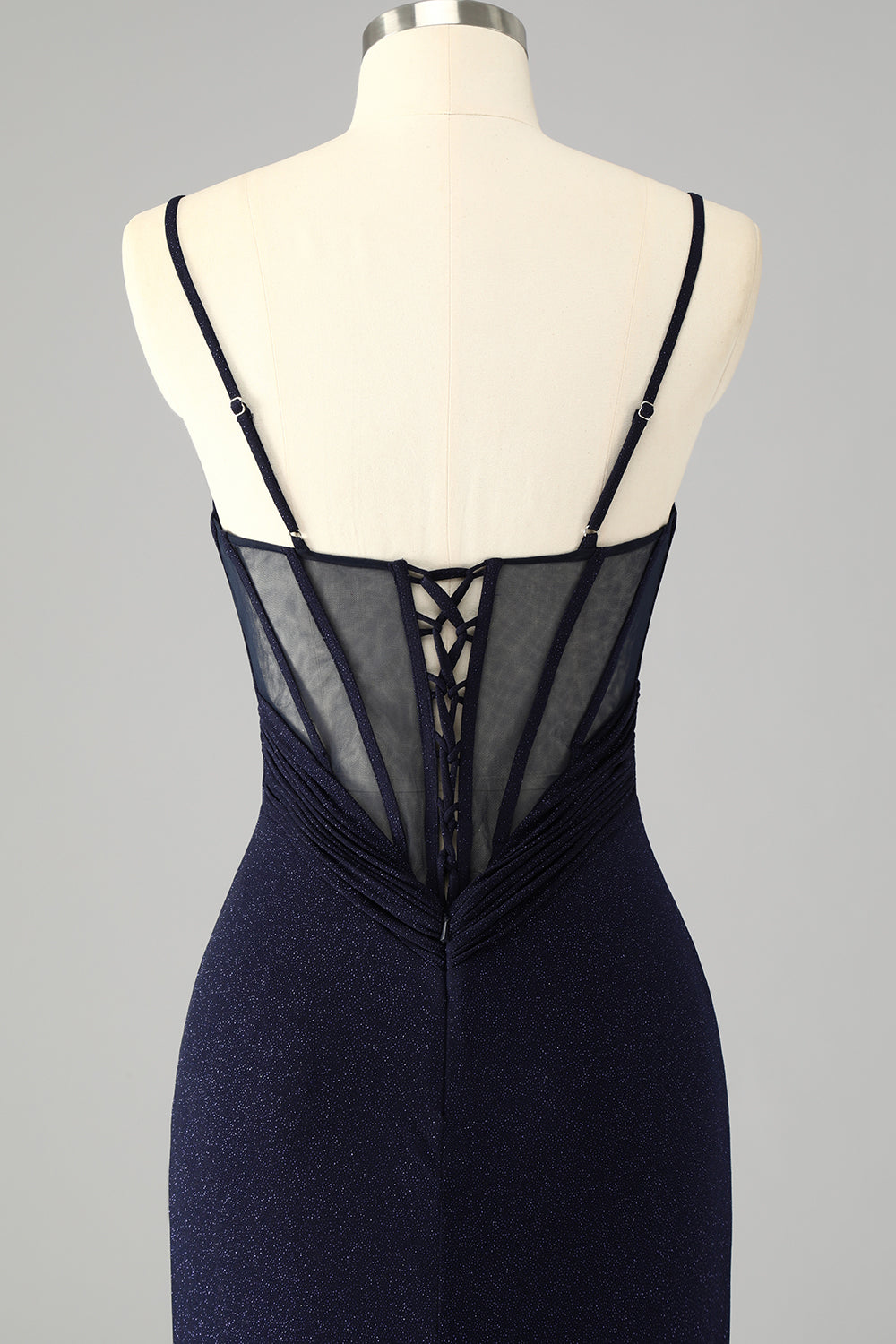 Robe De Soirée longue sirène à bretelles spaghetti bleu marine scintillante avec fente