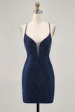 Robe moulante de bal à bretelles spaghetti perlées bleu foncé