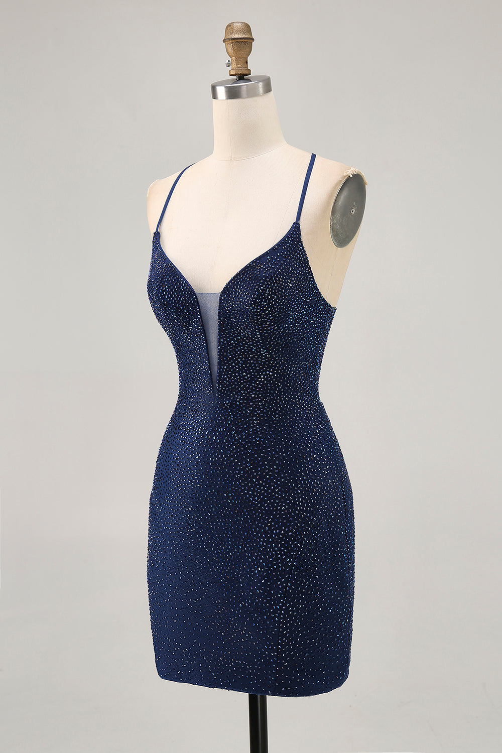 Robe moulante de bal à bretelles spaghetti perlées bleu foncé