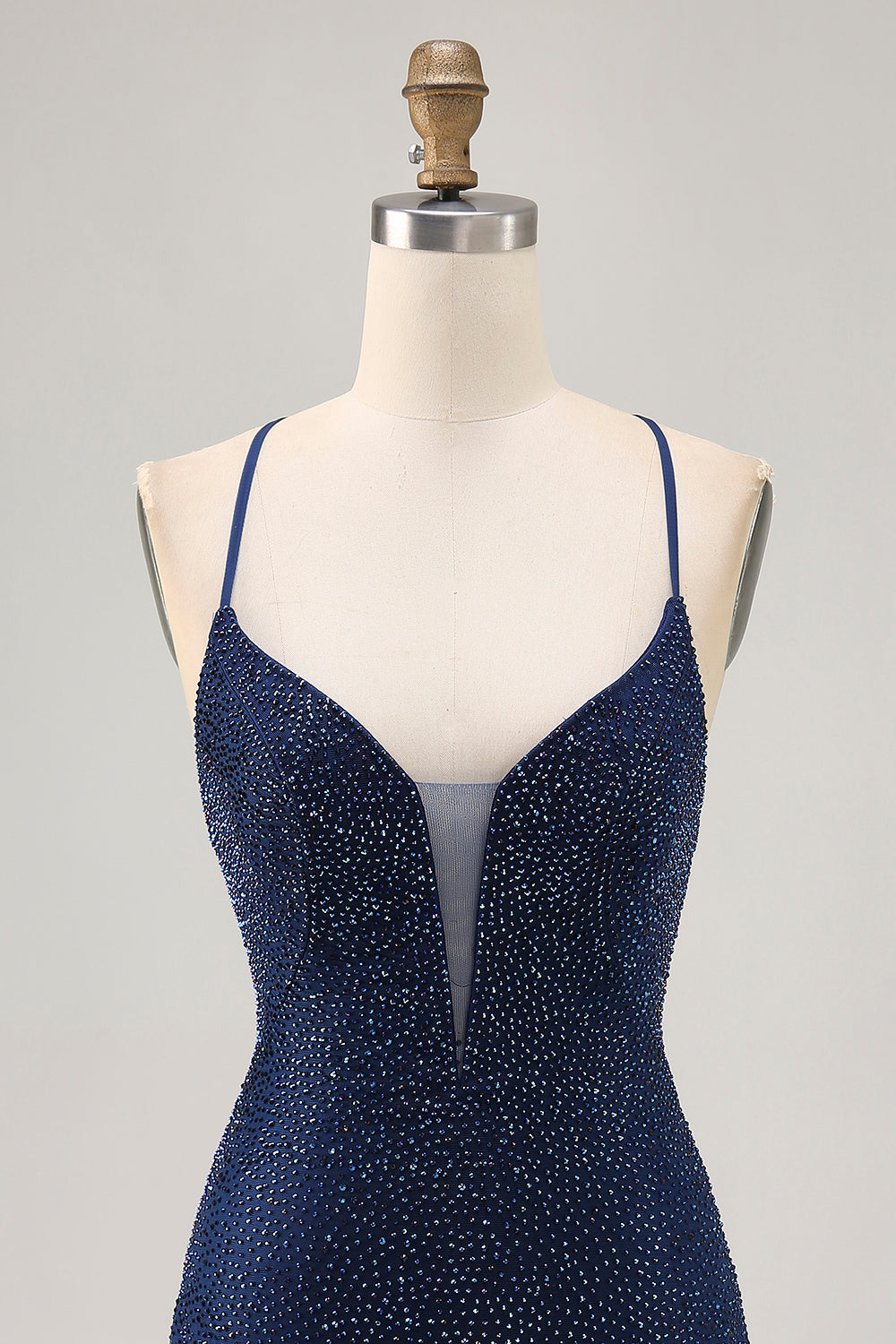 Robe moulante de bal à bretelles spaghetti perlées bleu foncé