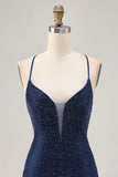 Robe moulante de bal à bretelles spaghetti perlées bleu foncé