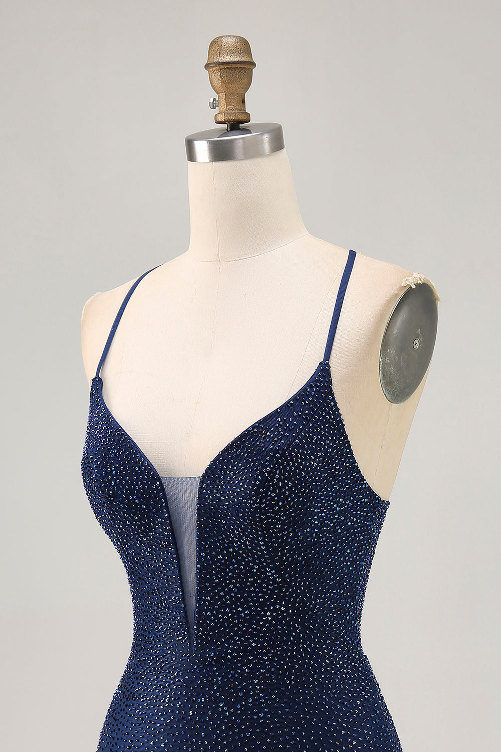 Robe moulante de bal à bretelles spaghetti perlées bleu foncé