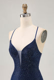 Robe moulante de bal à bretelles spaghetti perlées bleu foncé