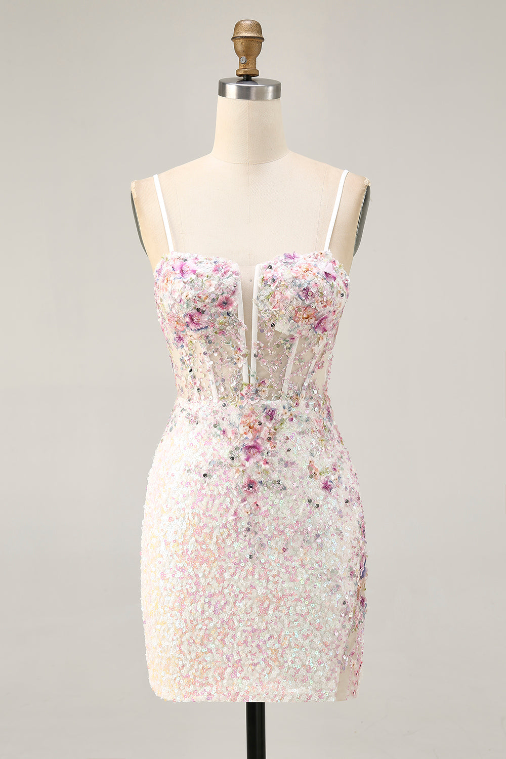 Robe courte à sequins floraux scintillants blancs pour les retrouvailles
