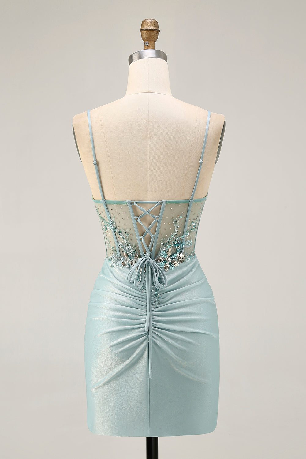 Robe de cocktail moulante sans bretelles à sequins gris vert