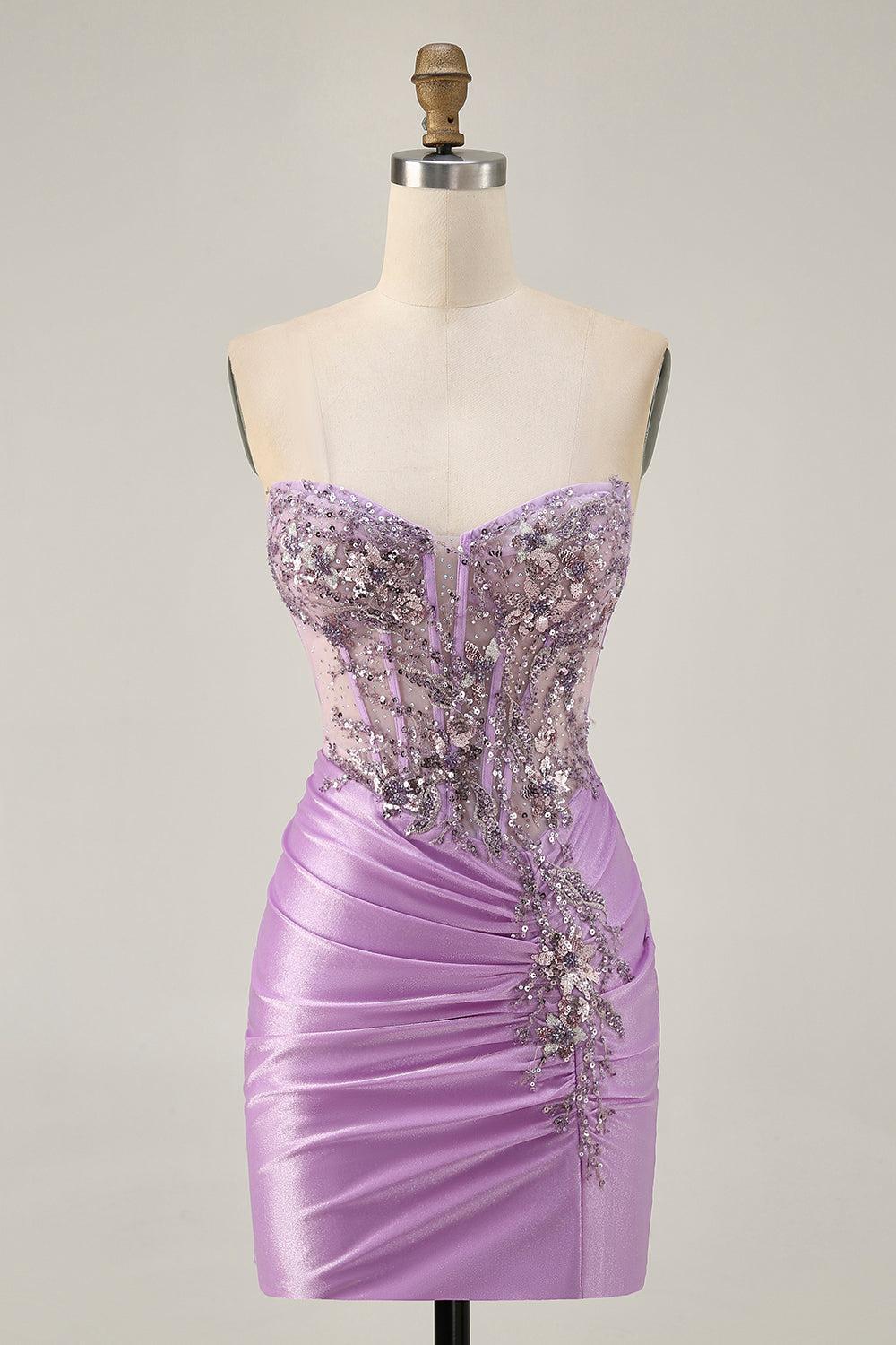 Robe courte moulante sans bretelles lilas scintillante avec lacets dans le dos