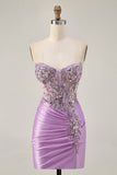 Robe courte moulante sans bretelles lilas scintillante avec lacets dans le dos