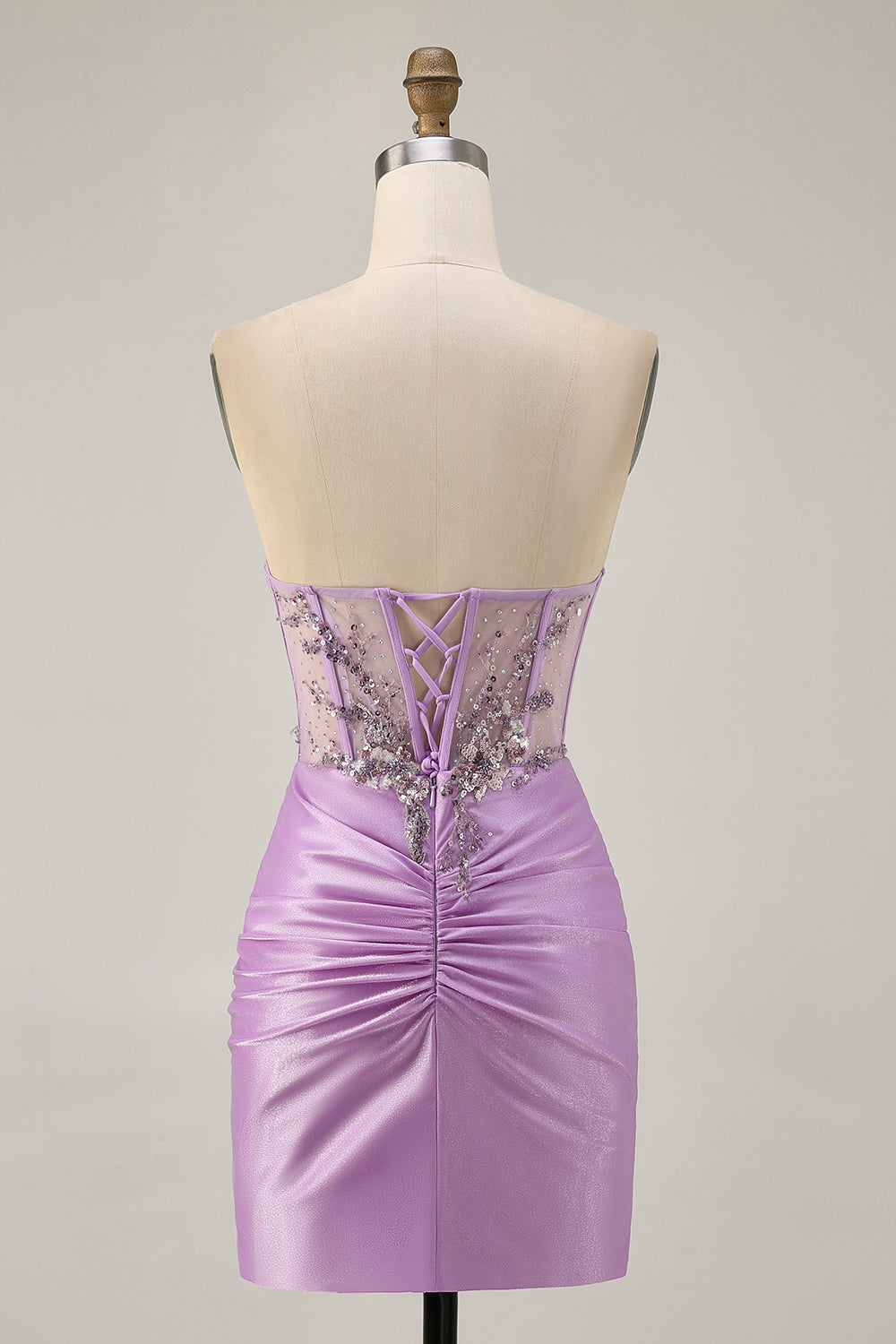 Robe courte moulante sans bretelles lilas scintillante avec lacets dans le dos
