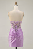 Robe courte moulante sans bretelles lilas scintillante avec lacets dans le dos