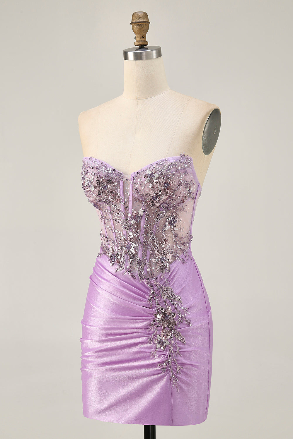 Robe courte moulante sans bretelles lilas scintillante avec lacets dans le dos
