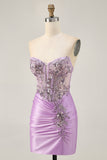 Robe courte moulante sans bretelles lilas scintillante avec lacets dans le dos