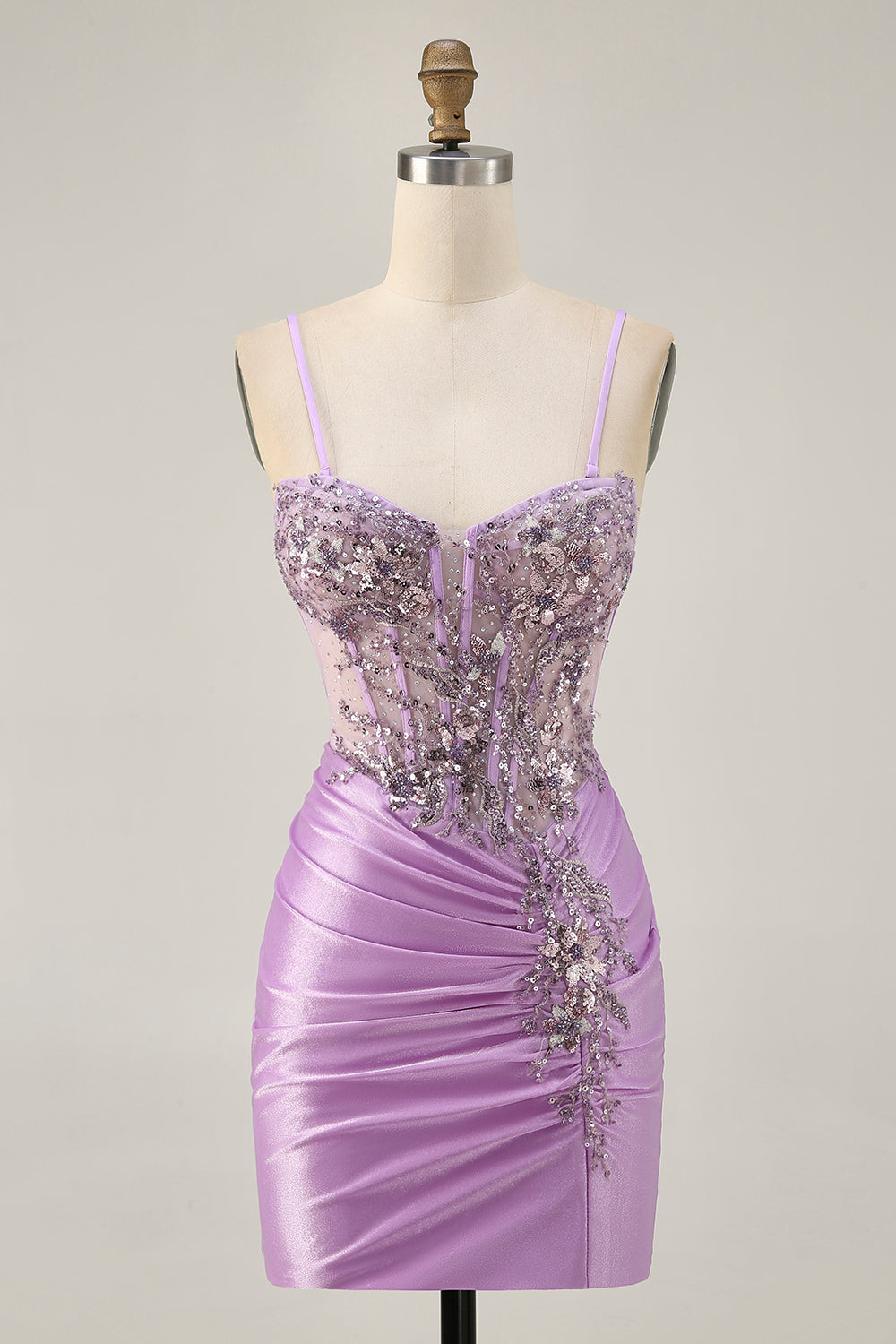 Robe courte moulante sans bretelles lilas scintillante avec lacets dans le dos
