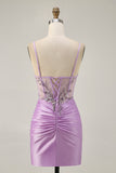 Robe courte moulante sans bretelles lilas scintillante avec lacets dans le dos