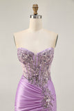 Robe courte moulante sans bretelles lilas scintillante avec lacets dans le dos