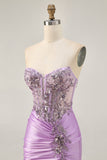 Robe courte moulante sans bretelles lilas scintillante avec lacets dans le dos