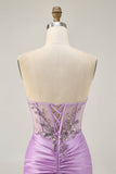 Robe courte moulante sans bretelles lilas scintillante avec lacets dans le dos