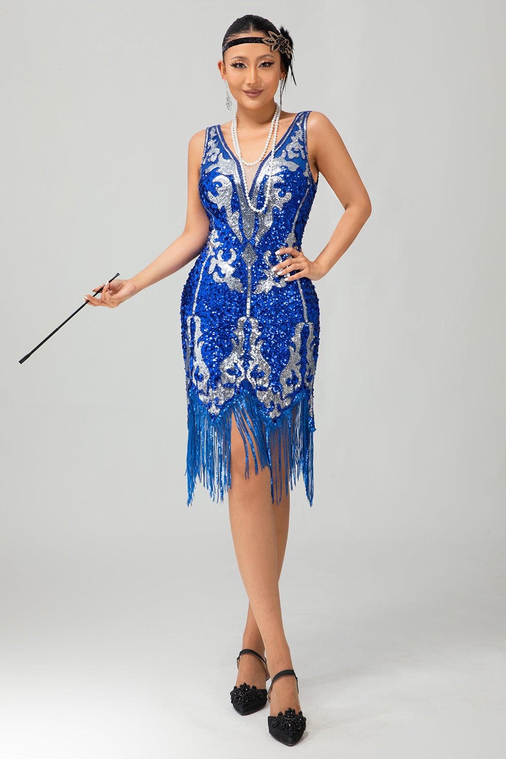Robe courte à paillettes bleu royal Gatsby des années 1920 avec franges