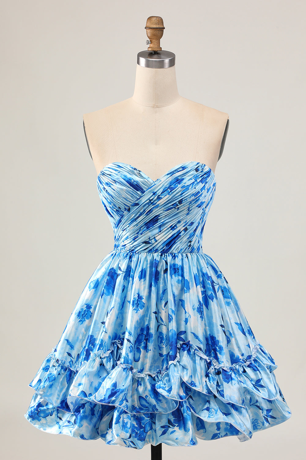 Sans bretelles Une ligne Floral Bleu Robe Courte Ruchée Retour