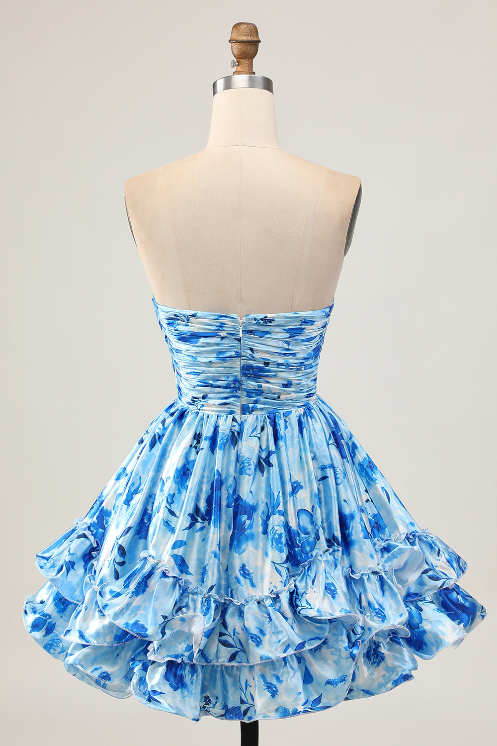 Sans bretelles Une ligne Floral Bleu Robe Courte Ruchée Retour