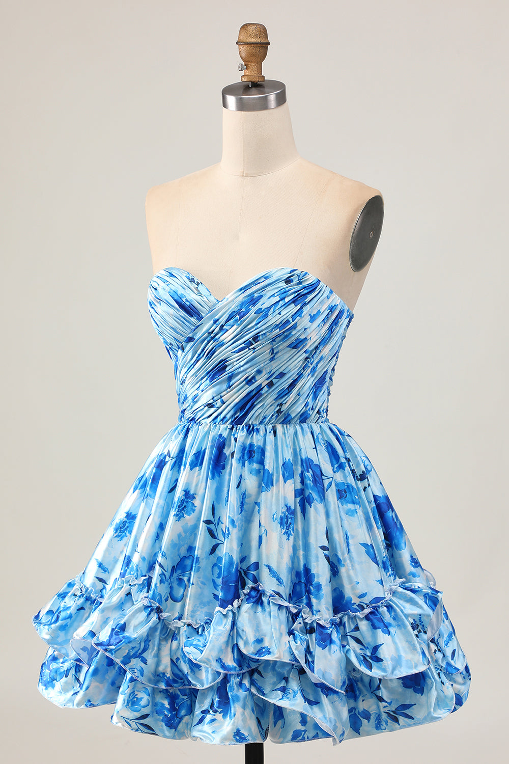 Sans bretelles Une ligne Floral Bleu Robe Courte Ruchée Retour