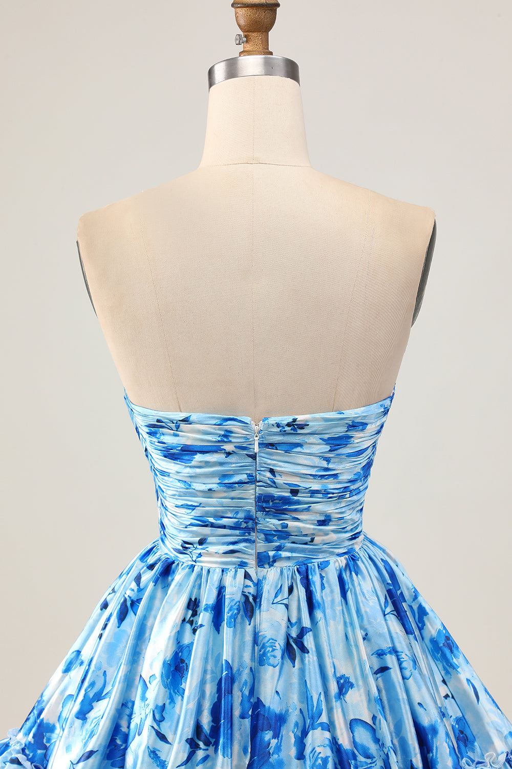 Sans bretelles Une ligne Floral Bleu Robe Courte Ruchée Retour