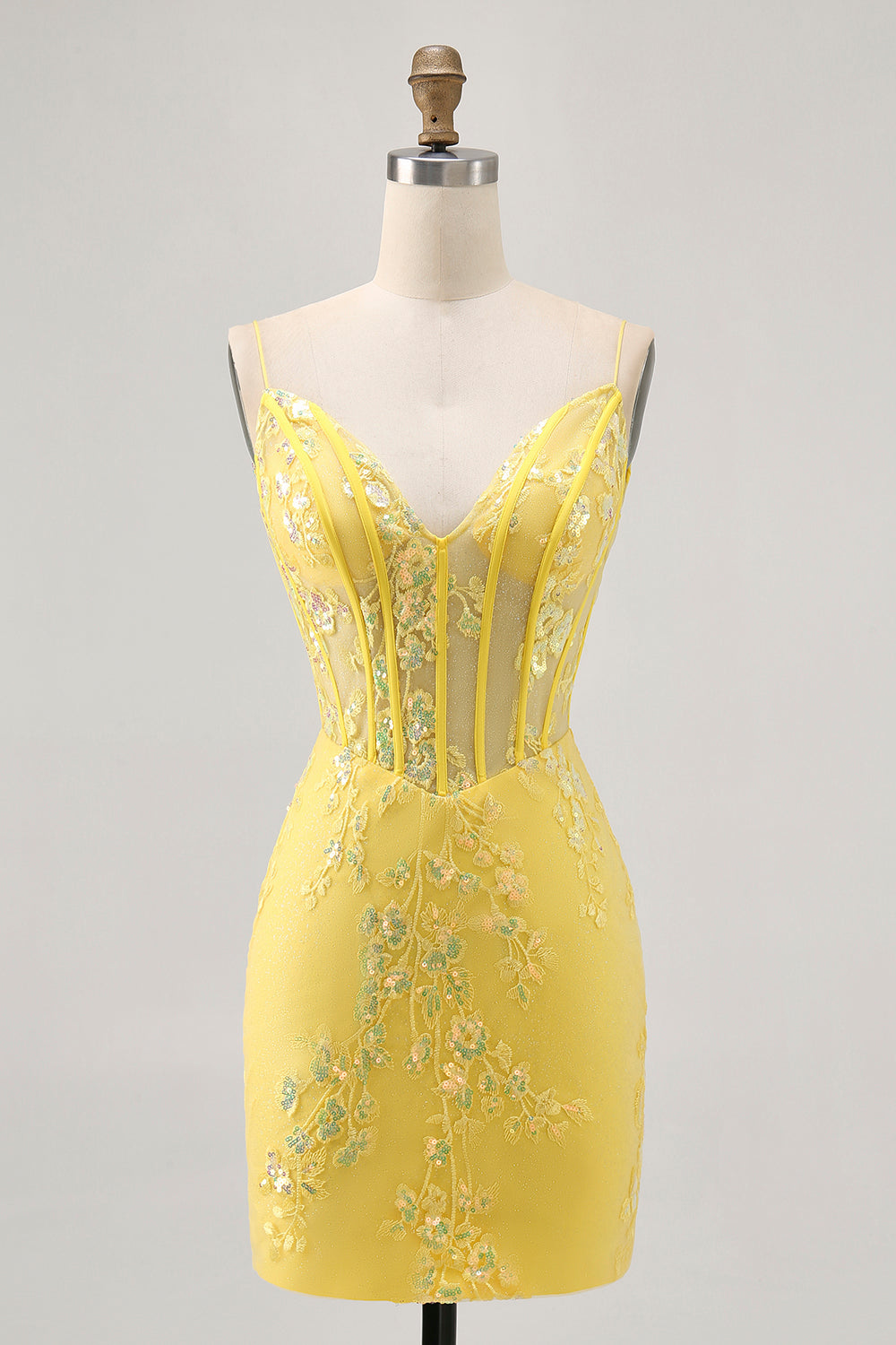 Floral jaune Corset Robe de cocktail avec paillettes