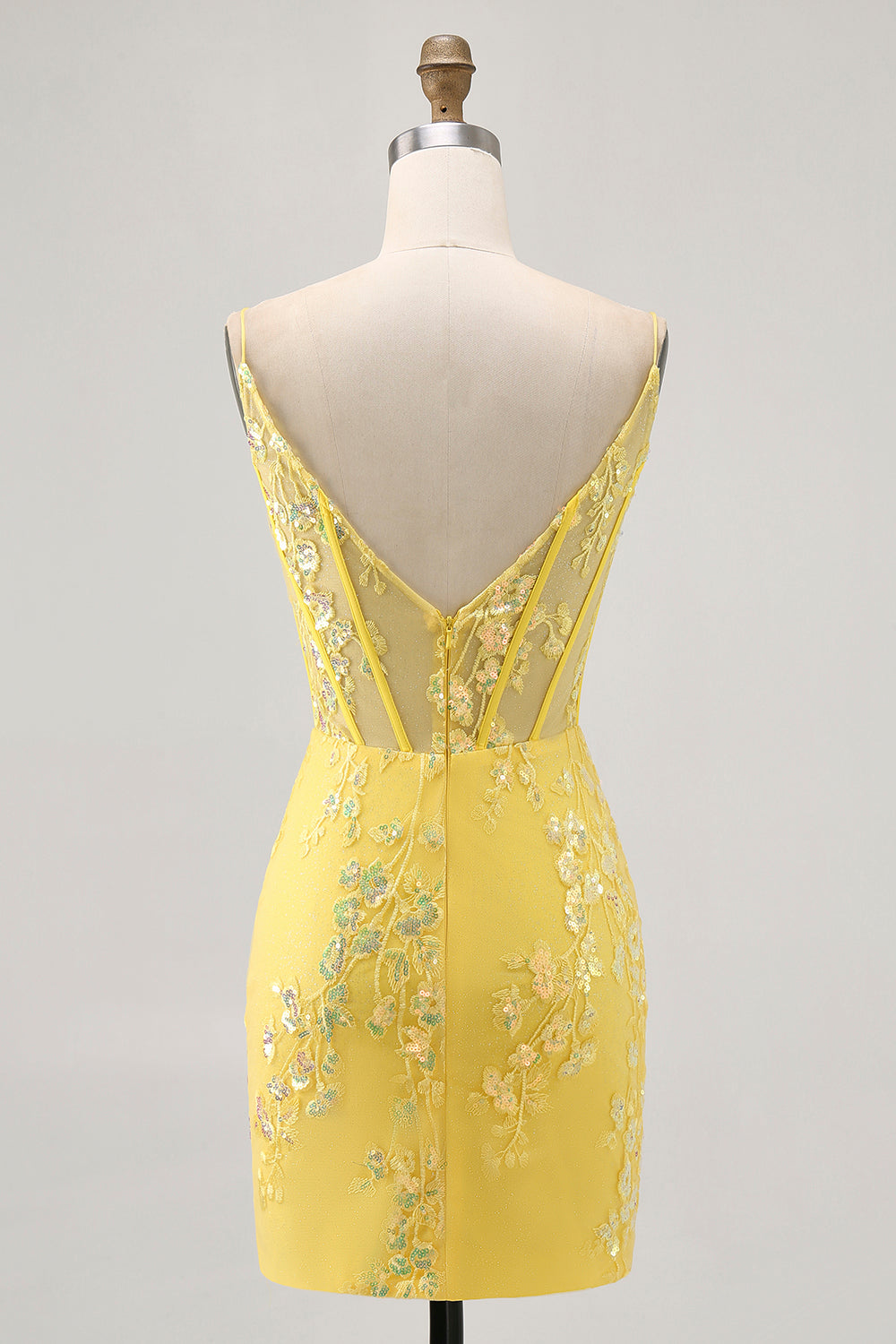Floral jaune Corset Robe de cocktail avec paillettes