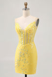 Floral jaune Corset Robe de cocktail avec paillettes