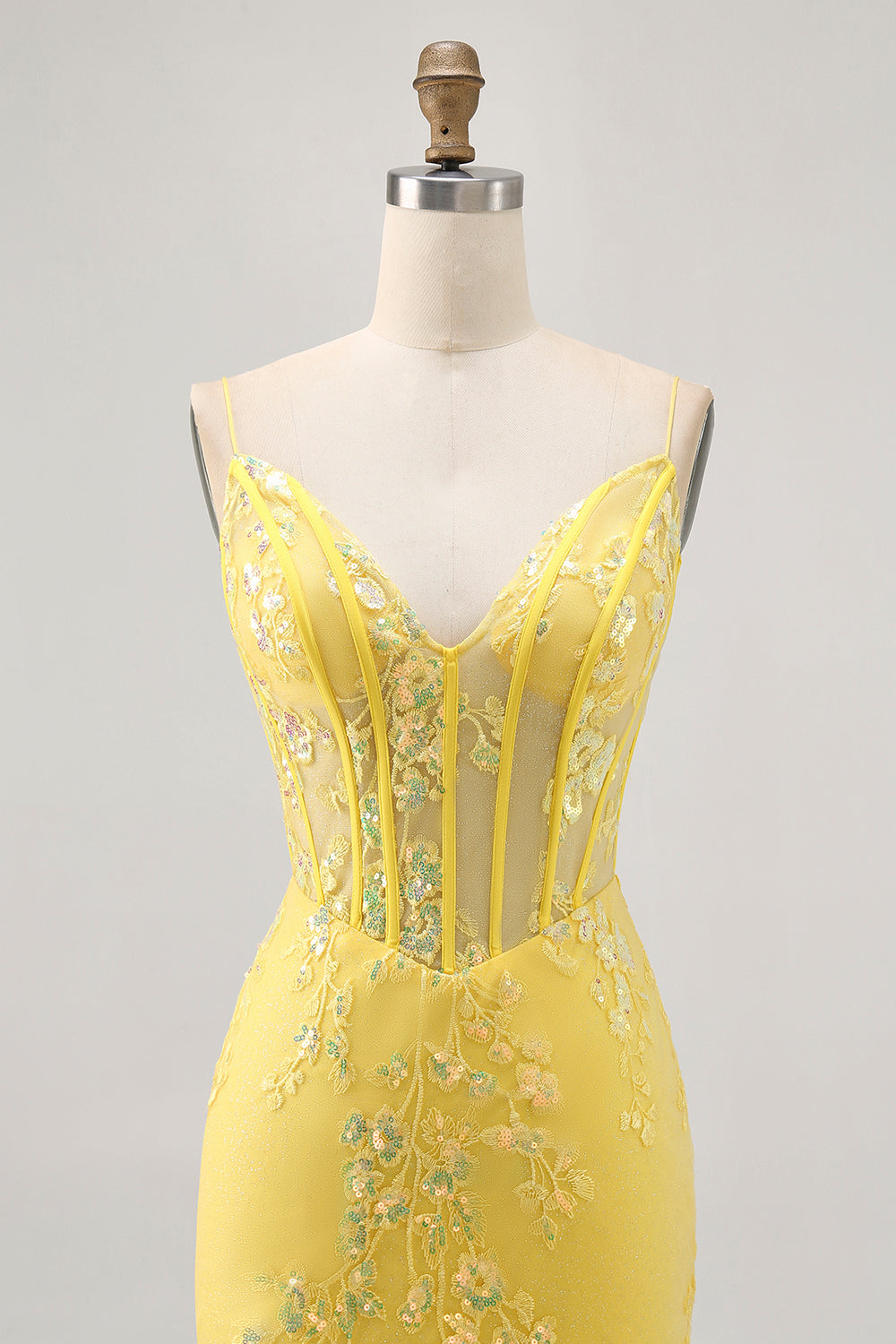 Floral jaune Corset Robe de cocktail avec paillettes