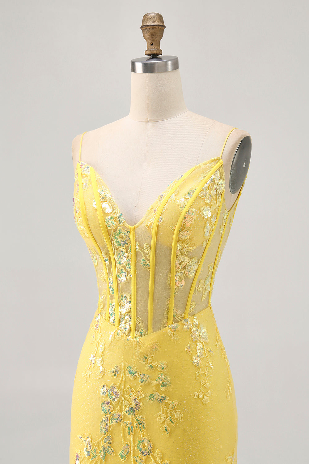 Floral jaune Corset Robe de cocktail avec paillettes