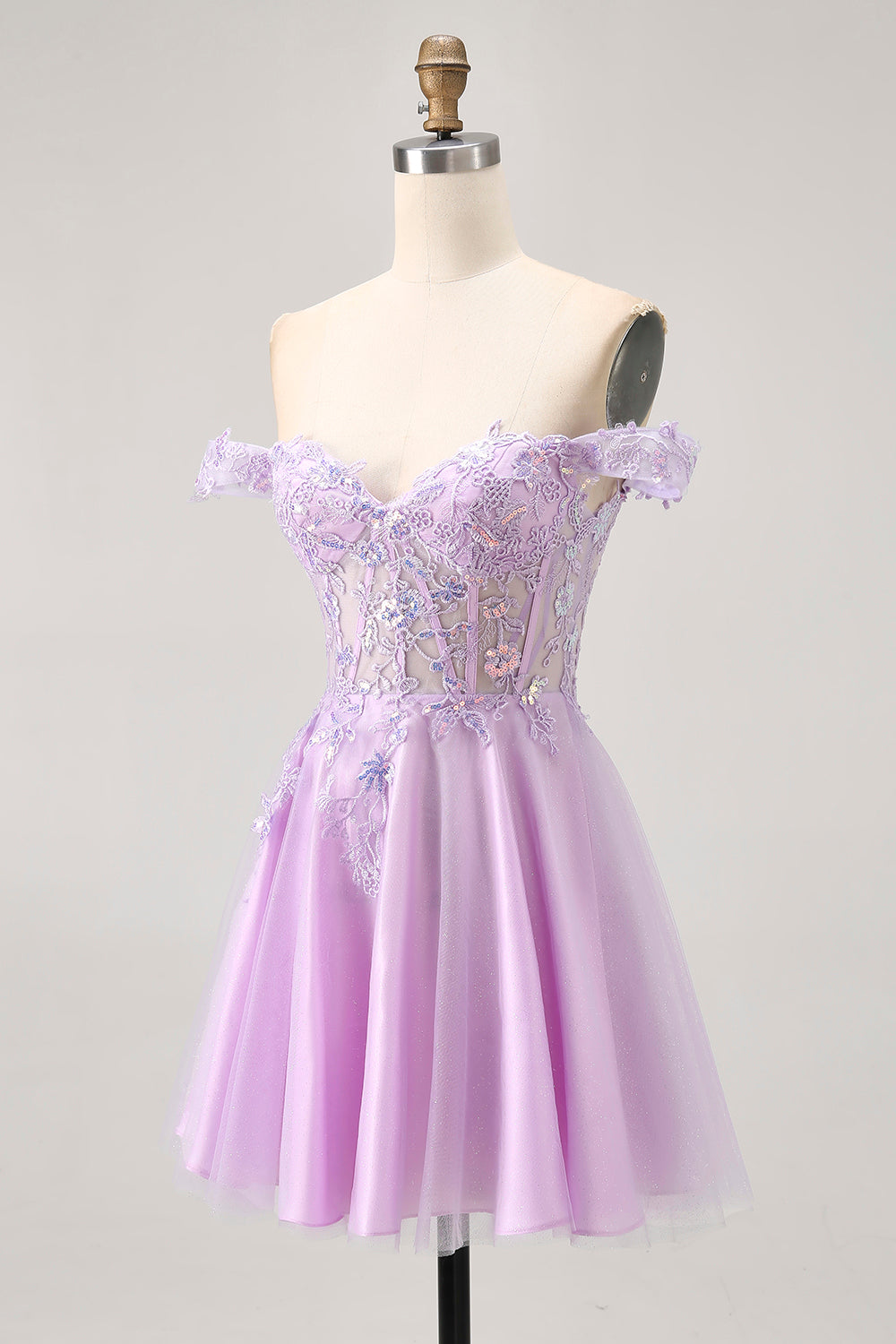 Robe de retour à la maison florale trapèze lilas à épaules dénudées avec appliques
