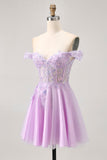 Robe de retour à la maison florale trapèze lilas à épaules dénudées avec appliques