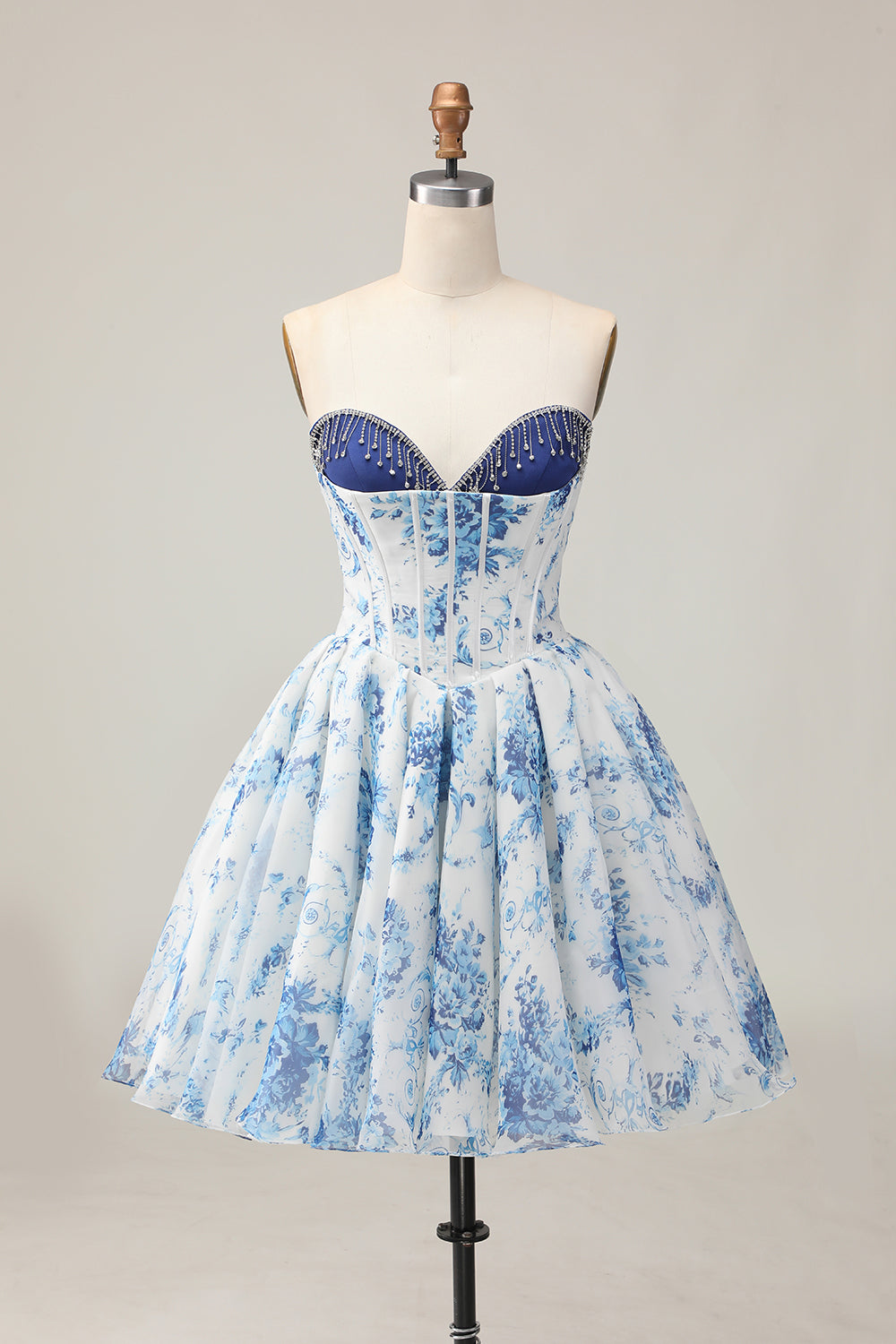 Robe de bal perlée imprimée en perles blanche fleur bleue