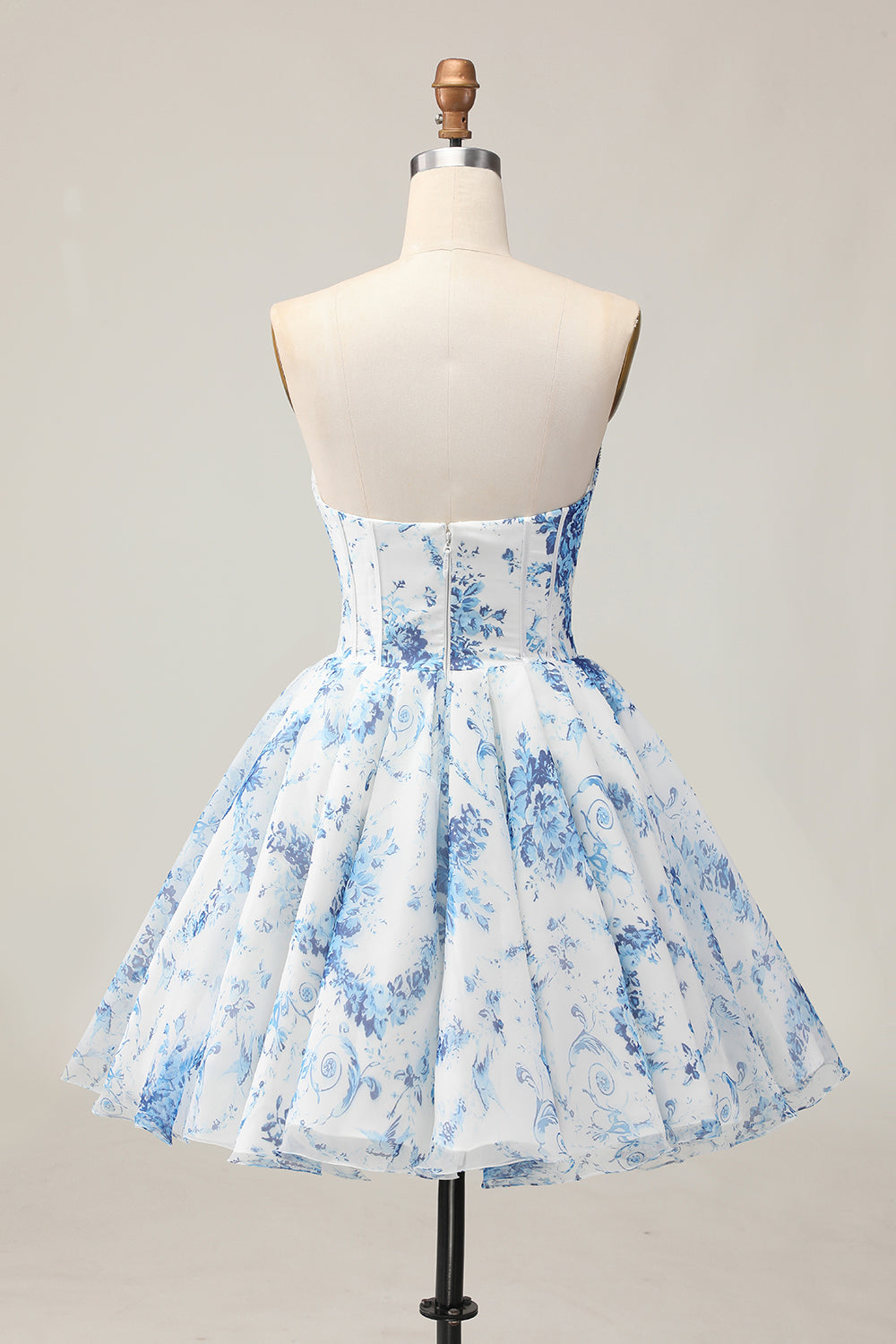 Robe de bal perlée imprimée en perles blanche fleur bleue